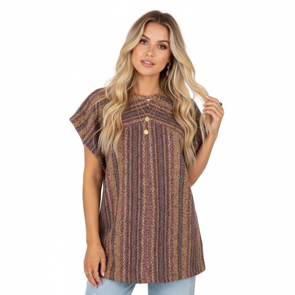 Vintage Boho Knit Tunic Top Medium Brown Colorful Striped Retro Festival Unique